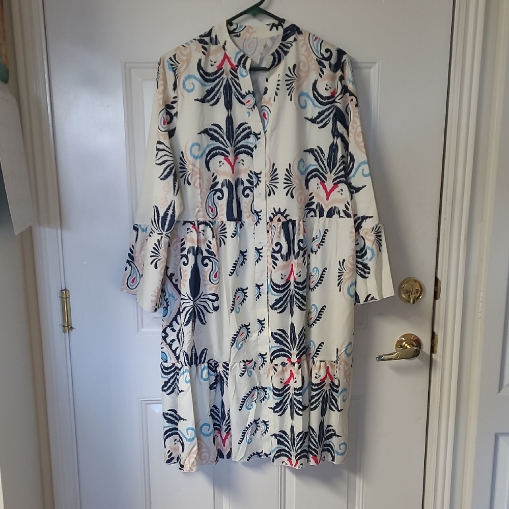 Elegant White and Blue Patterned Dress